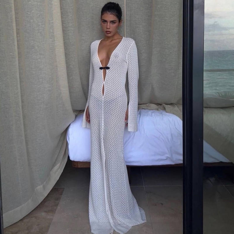 Summer Dresses 2023 | See Through Knitted Cardigan Maxi Beach Dress L / White Summer Dresses 2023 | See Through Knitted Cardigan Maxi Beach Dress L / White