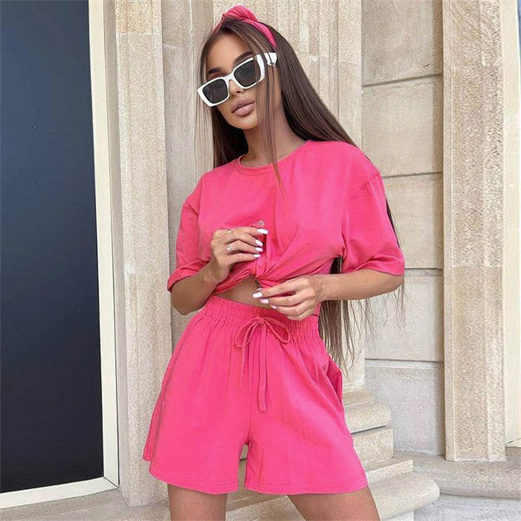Bessy Capsule Wardrobe 2023 | Hot Pink Summer Short Sleeve T-Shirt Shorts Outfit 2-Piece Set with Headscarf Almost Sold Out L / Ivory