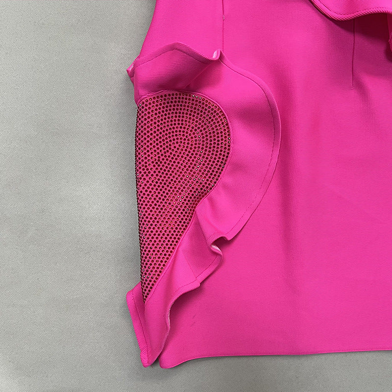 2023 Fashion Trends | 3D Floral Ruffles Hot Pink Diamond Rhinestones Mini Dress
