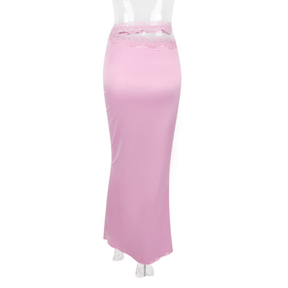2023 Pink Outfits |  Pink Cut Out Lace Satin Skirt