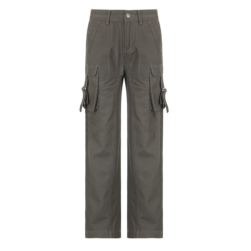 Y2K Outfits | Cotton Beige Cargo Pants with Big Pockets Straight Denim Jeans