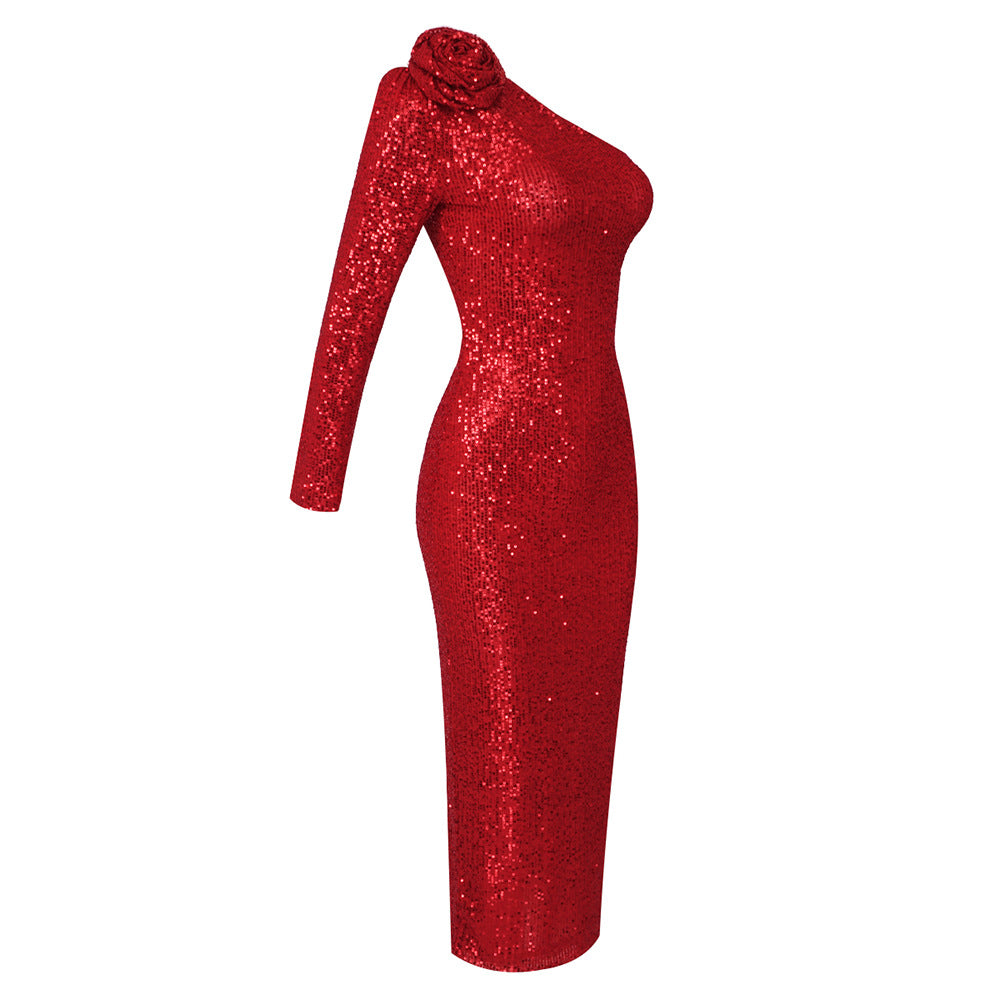 Christmas Outfits | 3D Floral Sequin Red One Shoulder Maxi Dress