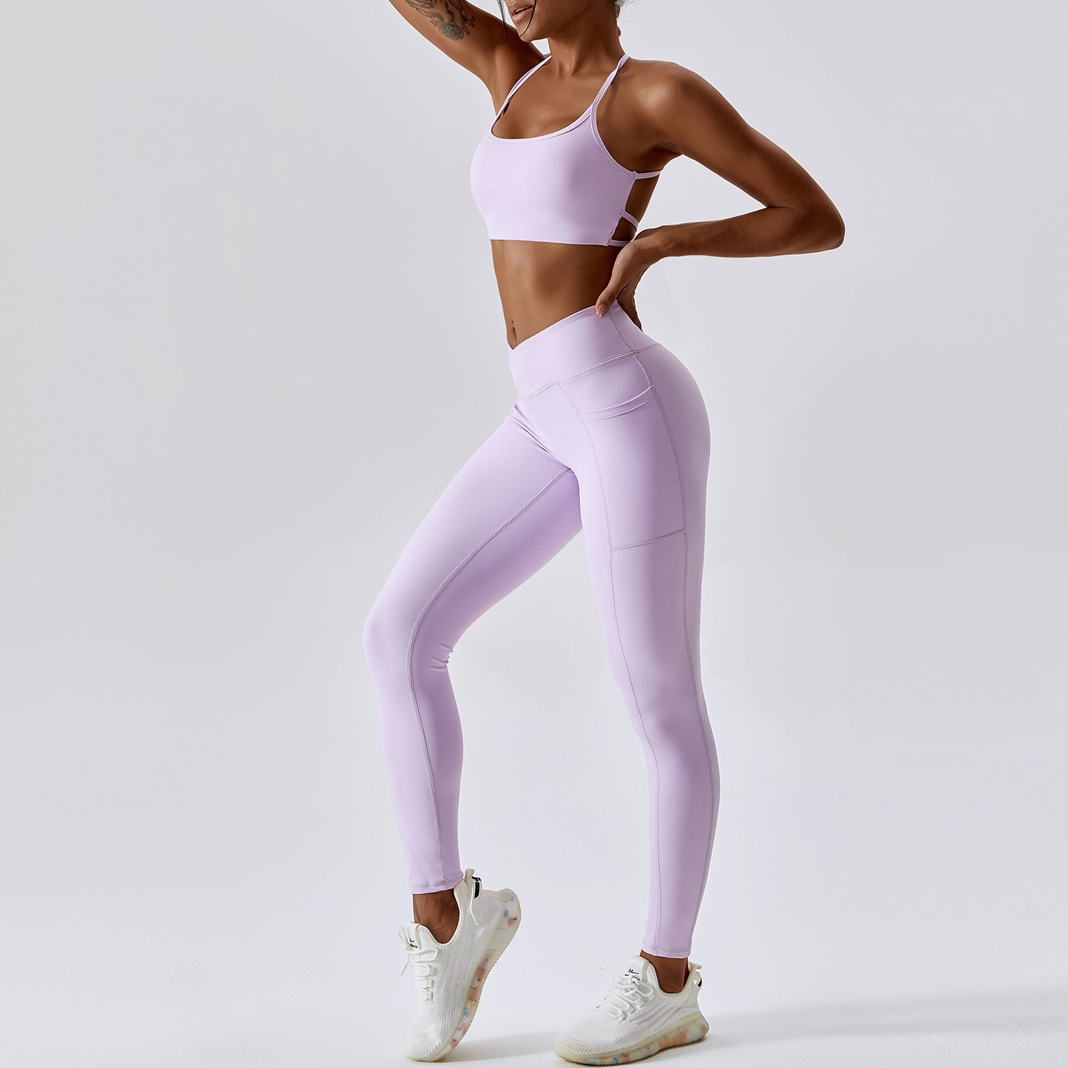 2023 Fashion Trends  Lilac Lavender Halter Sports Bra and Shorts