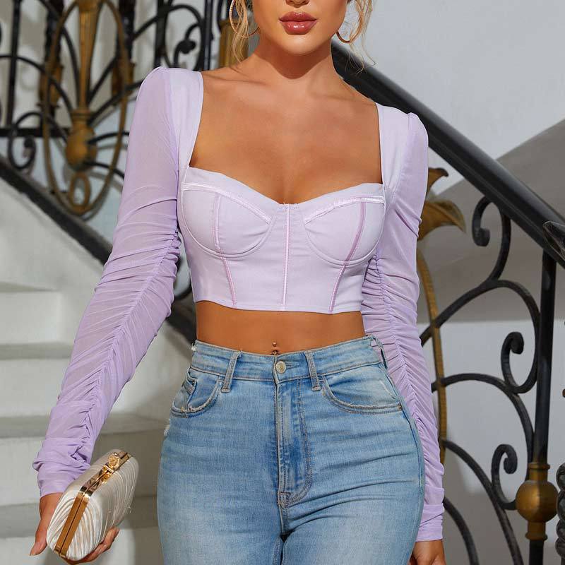 2023 Fashion Trends  Lilac Lavender Long Sleeve Corset Crop Top