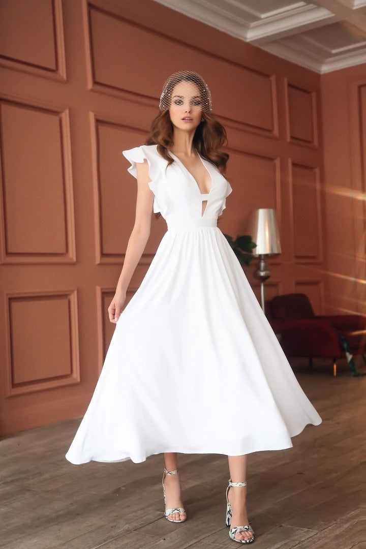 Fall Outfits | Ruffles Deep V Flowy Dress M / White Fall Outfits | Ruffles Deep V Flowy Dress M / White