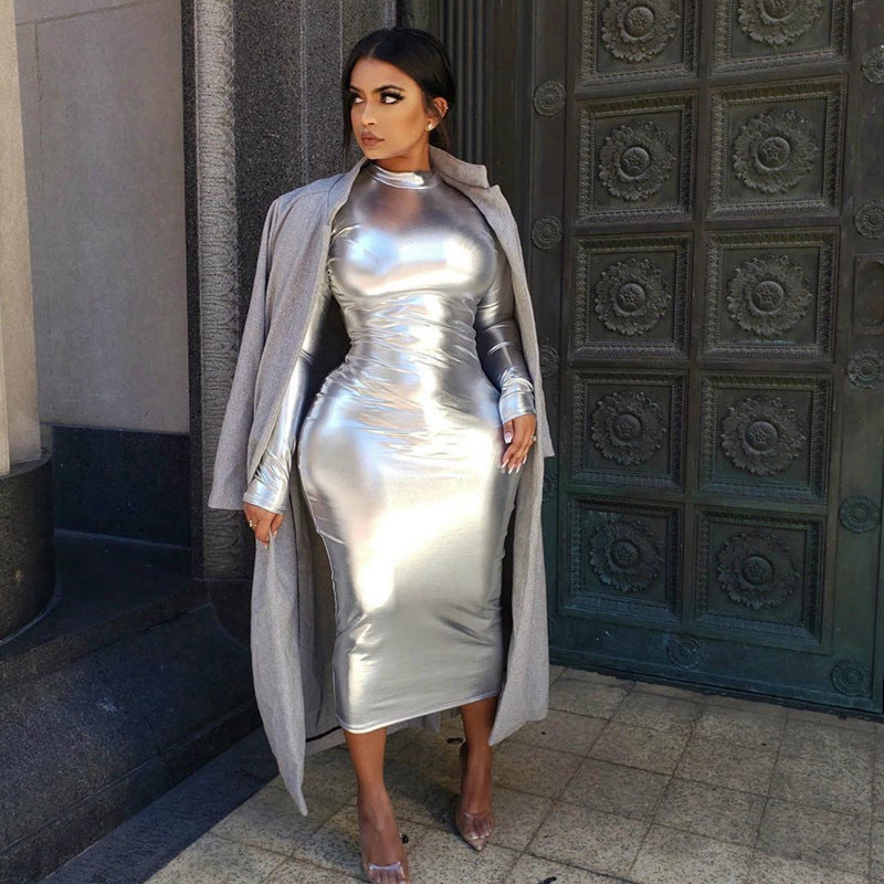silver turtleneck dress Smak Parlour Silver Mock Turtleneck Fit & Flare Dress