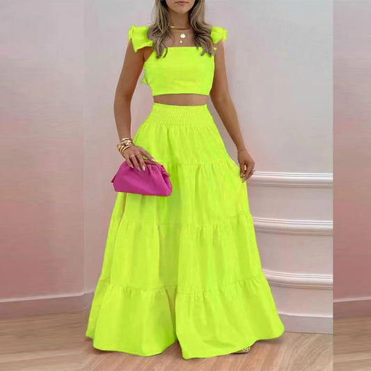 Summer Outfits 2023 | Neon Yellow Aesthetic Summer Ruffles Skirt Outfit 2- Piece Set