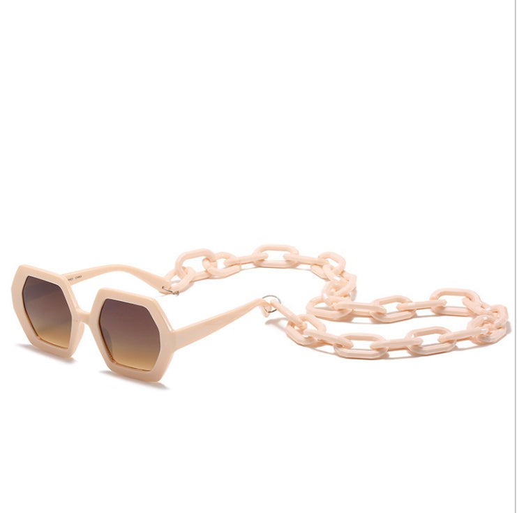 Oversized Beige Polygon Sunglasses With Chain