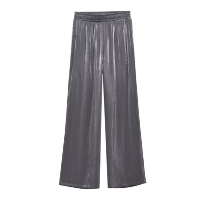 Fall Fits | Metallic Gray Chrome High Waist Wide Leg Pants