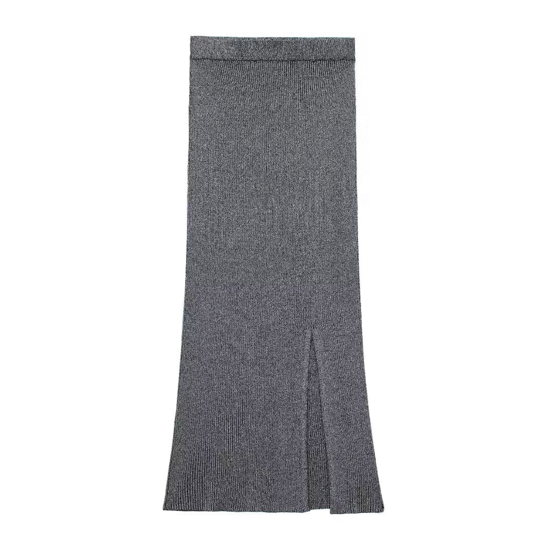Y2K Winter Outfits | Gray Metallic Knitted Turtleneck Top Maxi Skirt Outfit 2-piece Set