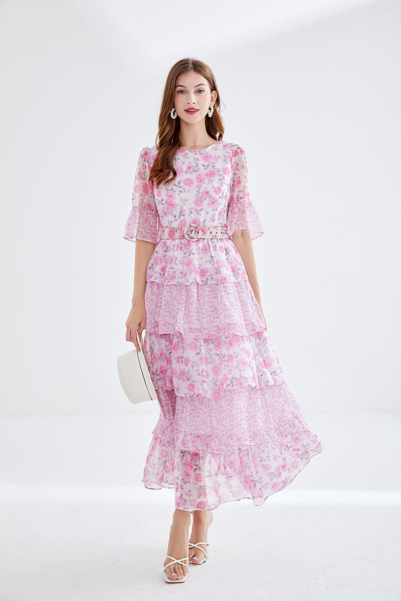 Spring Dresses 2024 | Pink Floral Belted Layered Dress