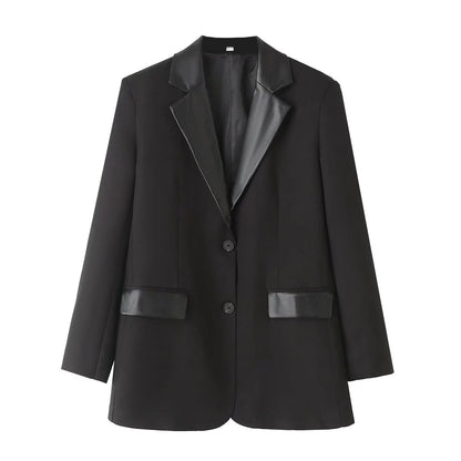 TGC Fashion Blazer Outfits, Elegant Leather Patchwork Casual Black Blazer