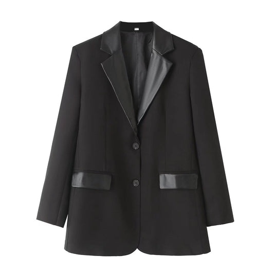 TGC Fashion Blazer Outfits, Elegant Leather Patchwork Casual Black Blazer