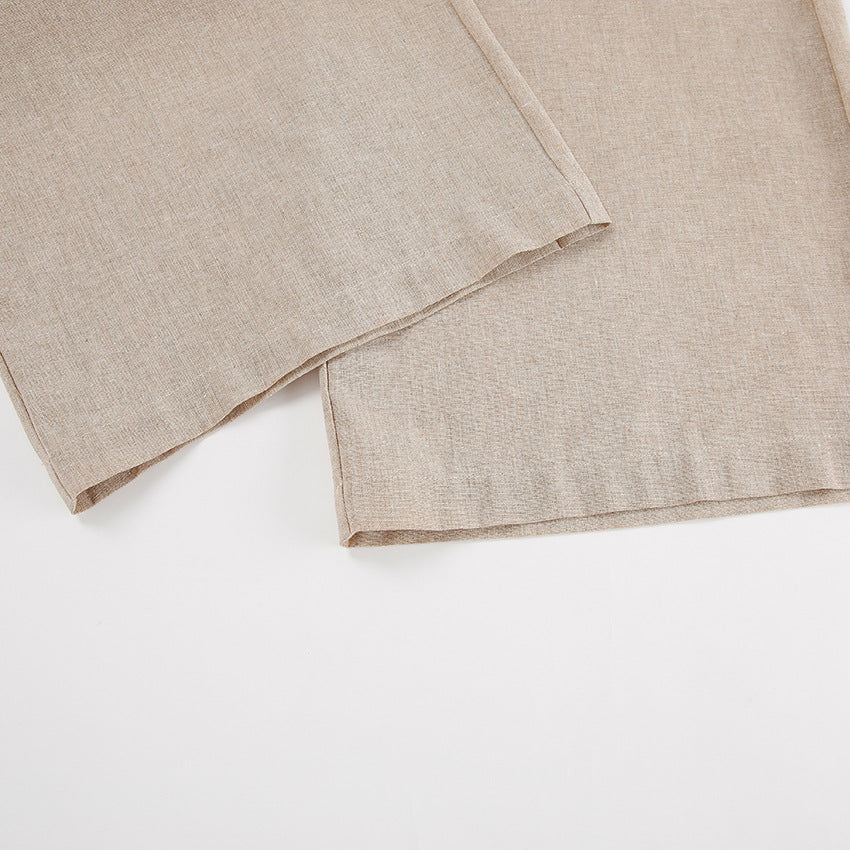 Spring Fits | Linen Beige Long Sleeve Crop Top Shirt High Waist Pants Outfit 2-piece Set Sizes S-L