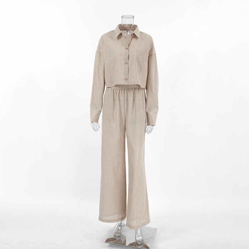 Spring Fits | Linen Beige Long Sleeve Crop Top Shirt High Waist Pants Outfit 2-piece Set Sizes S-L