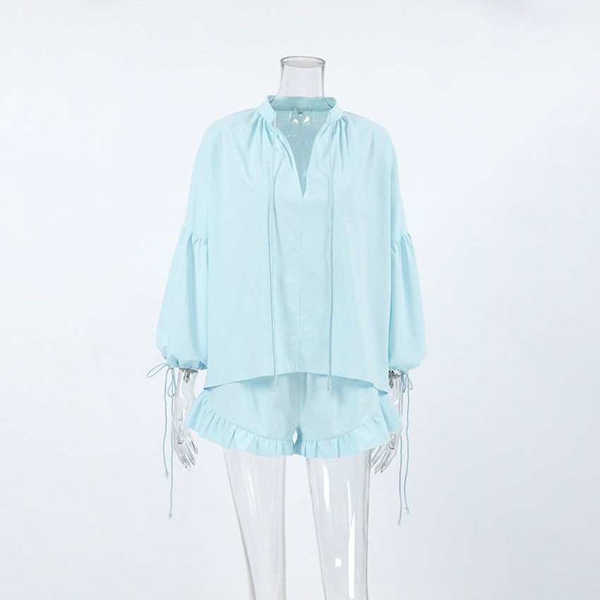 Spring Fits | Modest Summer Outfits Cotton Ruffles Long Sleeve Shirt Shorts Outfit 2-piece Set Sizes S-L