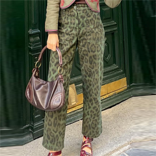 2024 Fashion Trends, Green Leopard Casual Straight Trousers Pants