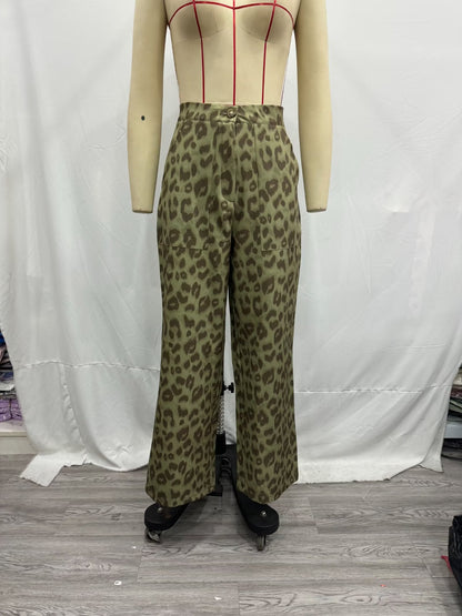 2024 Fashion Trends, Green Leopard Casual Straight Trousers Pants