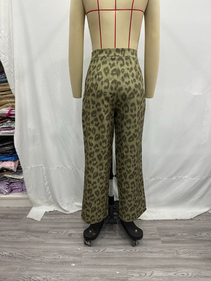 2024 Fashion Trends, Green Leopard Casual Straight Trousers Pants