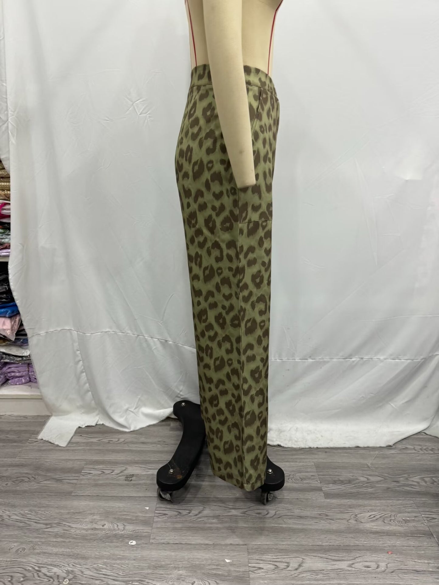 2024 Fashion Trends, Green Leopard Casual Straight Trousers Pants