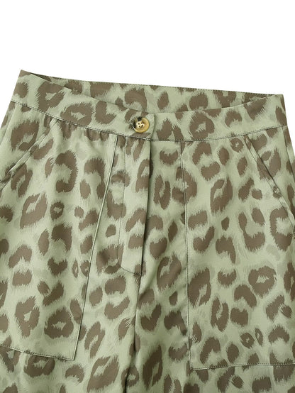 2024 Fashion Trends, Green Leopard Casual Straight Trousers Pants