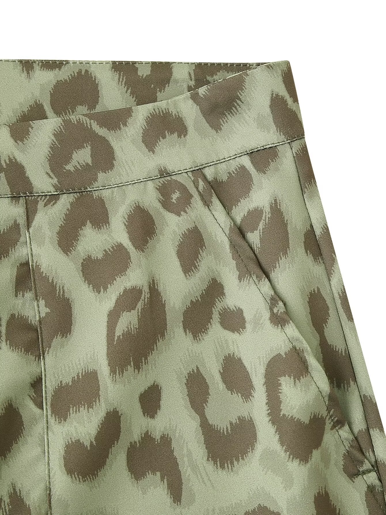 2024 Fashion Trends, Green Leopard Casual Straight Trousers Pants