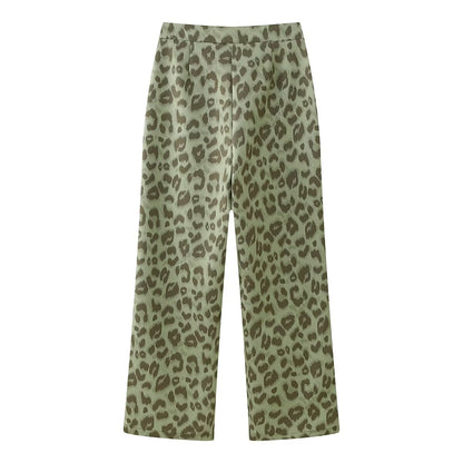 2024 Fashion Trends, Green Leopard Casual Straight Trousers Pants