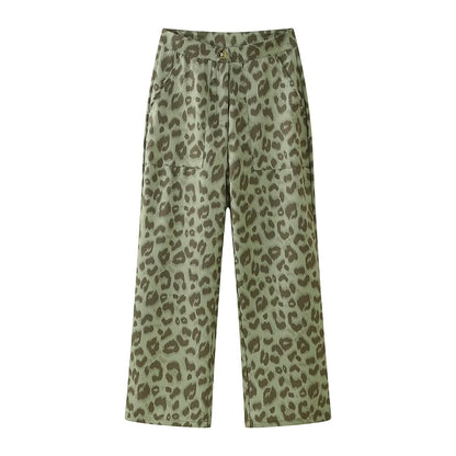 2024 Fashion Trends, Green Leopard Casual Straight Trousers Pants