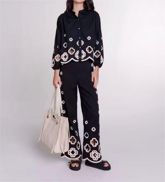 Casual Spring Outfits 2024 | Black and White Cross  Cut Out Pattern Embroidery Long Sleeve Shirt Pants Outfit