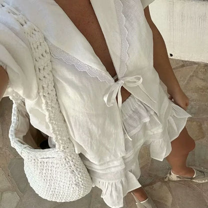 Summer Outfits 2024 | Lace Tie Cardigan Mini Skirt Outfit 2-piece Set