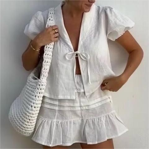 Summer Outfits 2024 | Lace Tie Cardigan Mini Skirt Outfit 2-piece Set