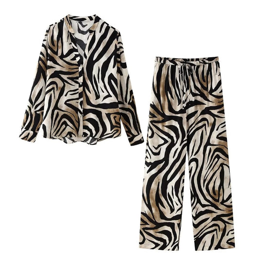 TGC FASHION Fall Outfits 2024, Brown Zebra Print Shirt Wide Leg Pant Set