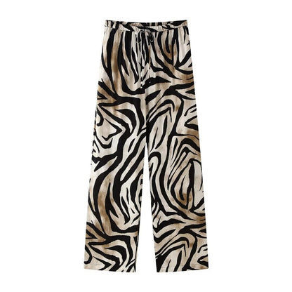 TGC FASHION Fall Outfits 2024, Brown Zebra Print Shirt Wide Leg Pant Set