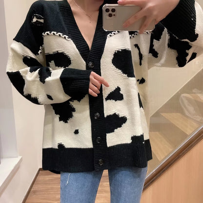 Fall in Love Cow Print Cardigan - Black & White Loose Knit Coat for Thanksgiving & Winter 2025