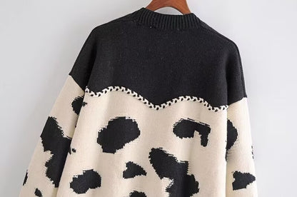 Fall in Love Cow Print Cardigan - Black & White Loose Knit Coat for Thanksgiving & Winter 2025