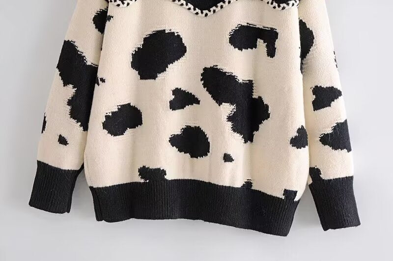 Fall in Love Cow Print Cardigan - Black & White Loose Knit Coat for Thanksgiving & Winter 2025