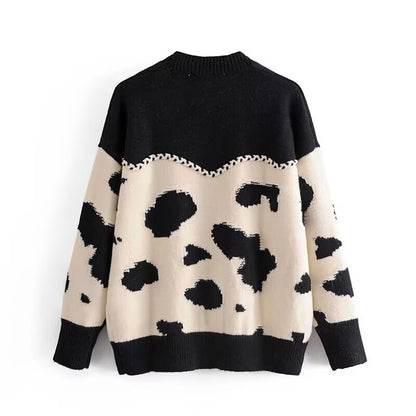 Fall in Love Cow Print Cardigan - Black & White Loose Knit Coat for Thanksgiving & Winter 2025