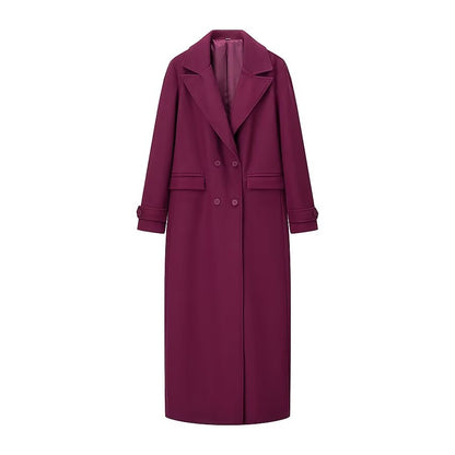 Burgundy Double-Breasted Casual Coat - Long Length with Button & Pocket Detail | Fall/Winter Style