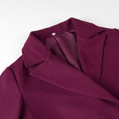 Burgundy Double-Breasted Casual Coat - Long Length with Button & Pocket Detail | Fall/Winter Style