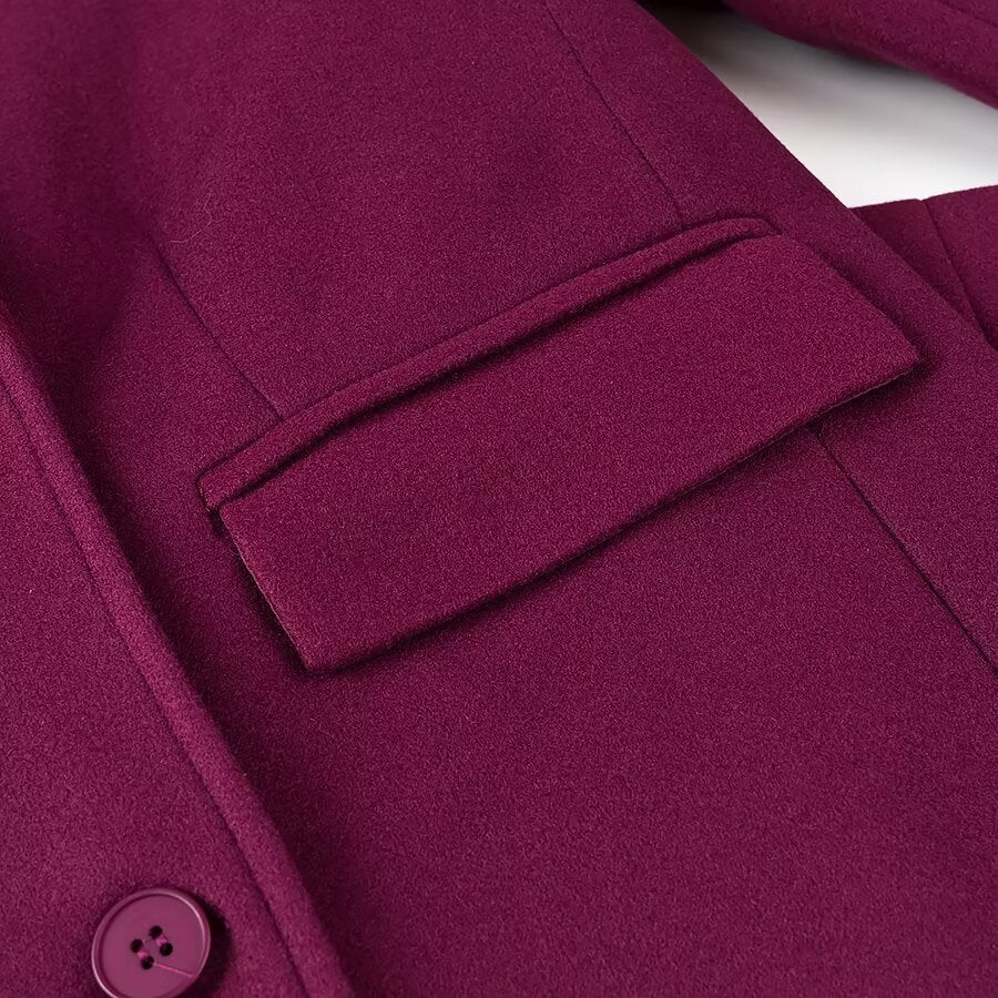 Burgundy Double-Breasted Casual Coat - Long Length with Button & Pocket Detail | Fall/Winter Style