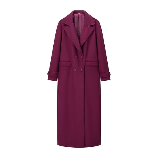 Burgundy Double-Breasted Casual Coat - Long Length with Button & Pocket Detail | Fall/Winter Style