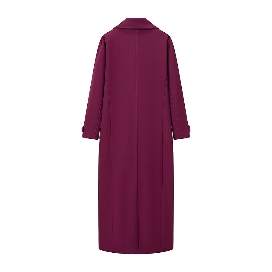 Burgundy Double-Breasted Casual Coat - Long Length with Button & Pocket Detail | Fall/Winter Style