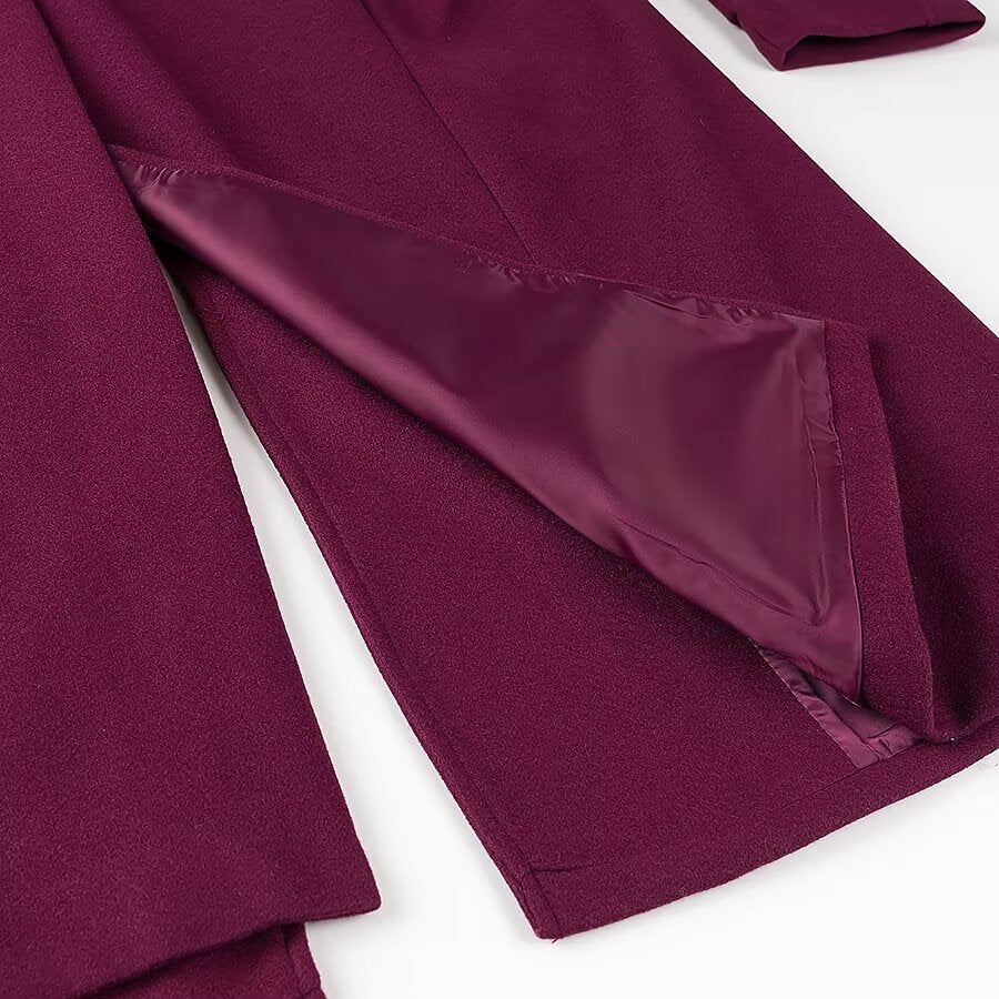 Burgundy Double-Breasted Casual Coat - Long Length with Button & Pocket Detail | Fall/Winter Style