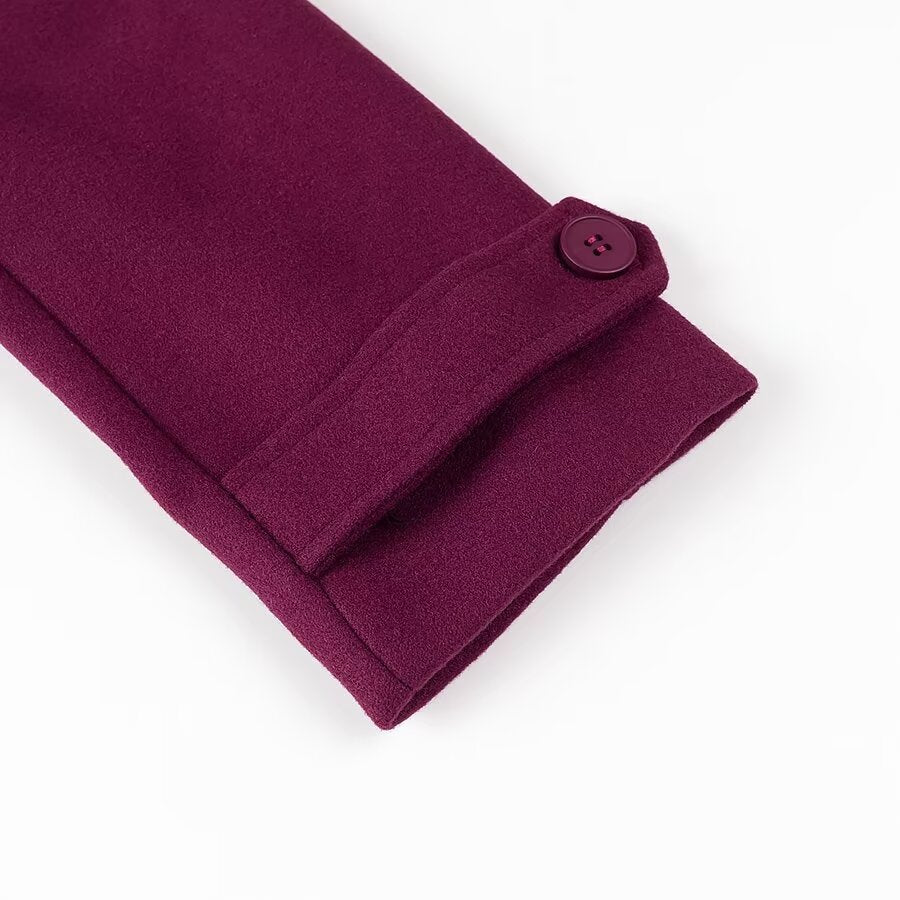 Burgundy Double-Breasted Casual Coat - Long Length with Button & Pocket Detail | Fall/Winter Style