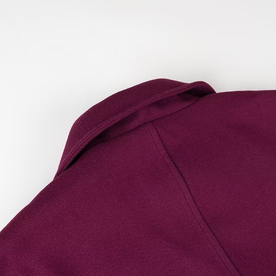 Burgundy Double-Breasted Casual Coat - Long Length with Button & Pocket Detail | Fall/Winter Style