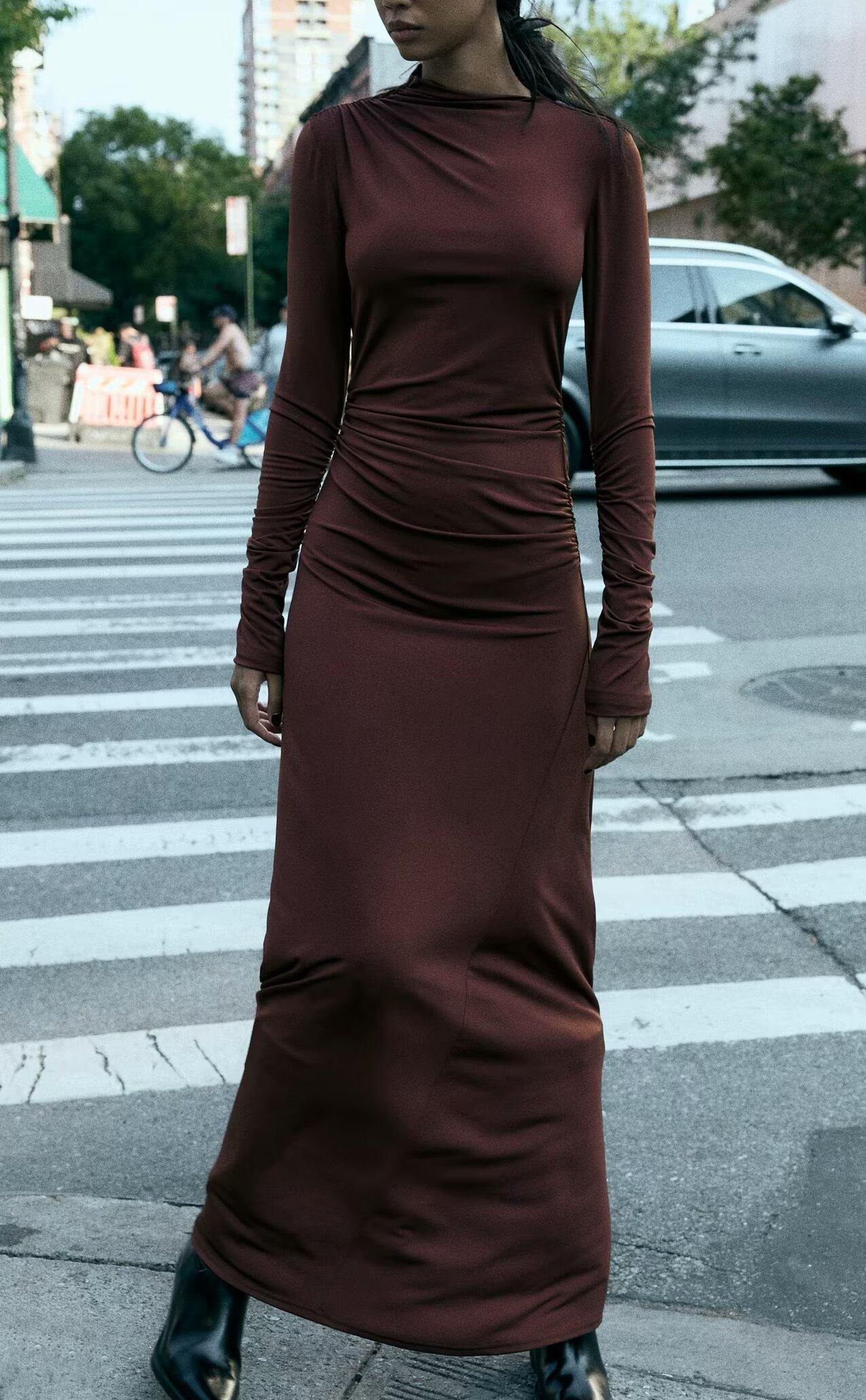 Burgundy Elegant Pleated Maxi Dress - Half High Collar Long Sleeve Slim Fit Winter Dress