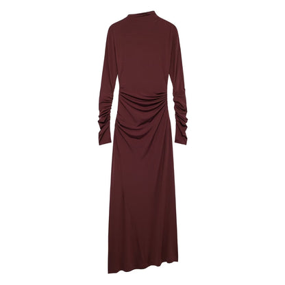 Burgundy Elegant Pleated Maxi Dress - Half High Collar Long Sleeve Slim Fit Winter Dress