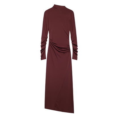 Burgundy Elegant Pleated Maxi Dress - Half High Collar Long Sleeve Slim Fit Winter Dress