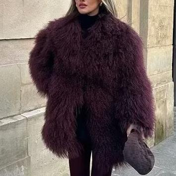 Burgundy Faux Fur Effect Mid-Length Coat - Winter 2025 Fashion Trend | Cozy & Stylish Outerwear