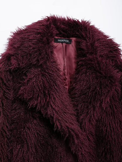 Burgundy Faux Fur Effect Mid-Length Coat - Winter 2025 Fashion Trend | Cozy & Stylish Outerwear